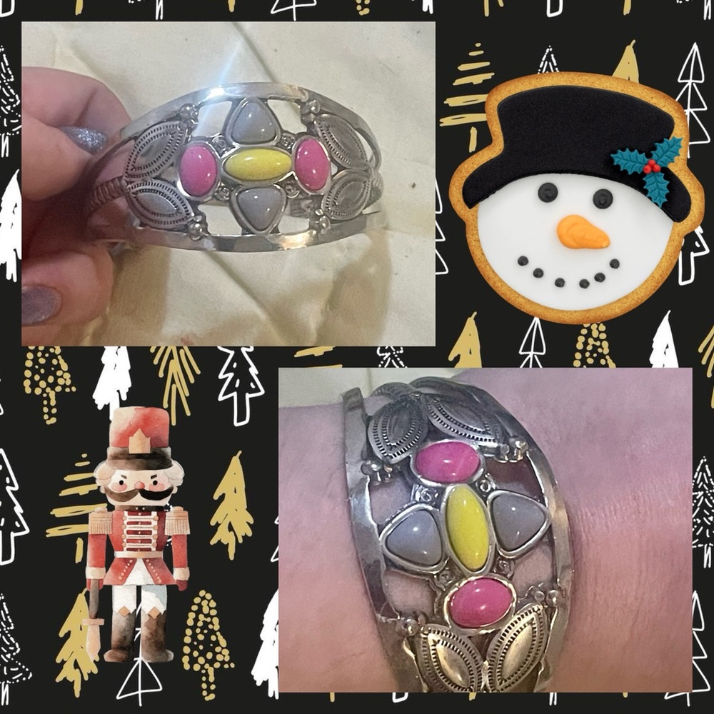 Pink, yellow, gray, and silver tone cuff bracelet